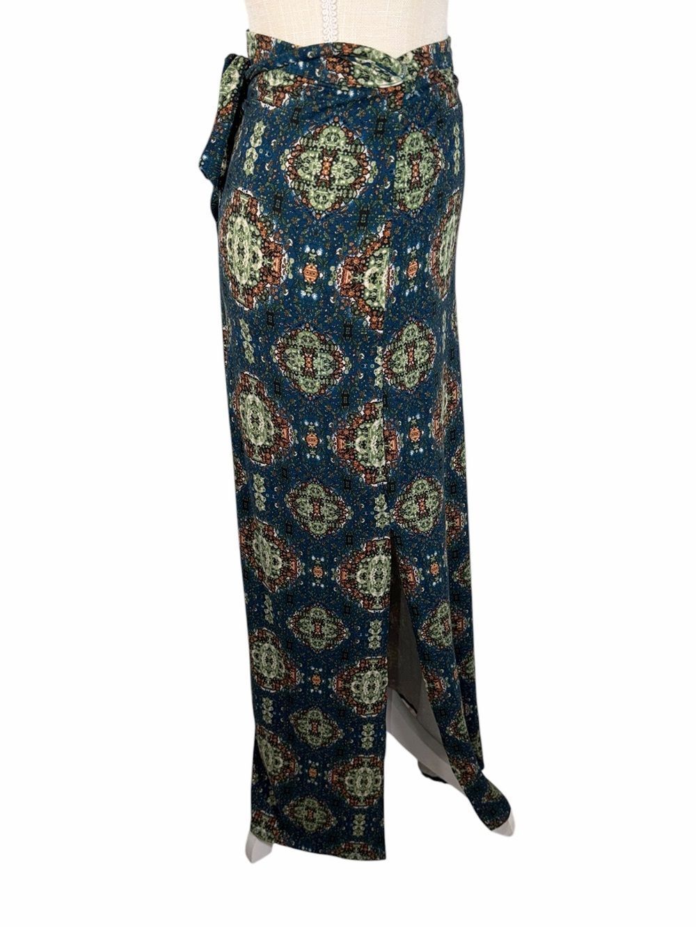 Earthbound Trading Co Teal Blue Boho Medallion Print Wrap Maxi Skirt - Picture 4 of 8